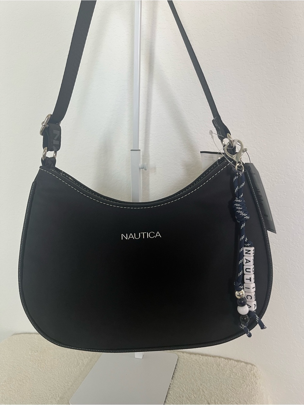 Nautica Black Crescent Shoulder Bag with Nautical Bead Tassel